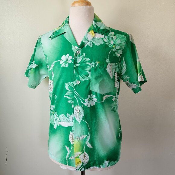 Vintage Other - Vintage 70s Hawaiian Polyester Tropical Beach Summer Button Front Shirt Green S